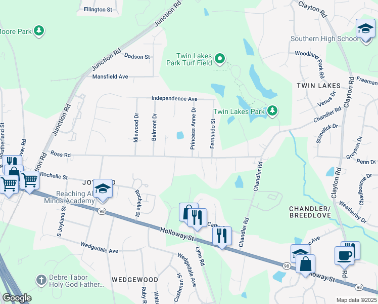 map of restaurants, bars, coffee shops, grocery stores, and more near 2823 Ross Road in Durham