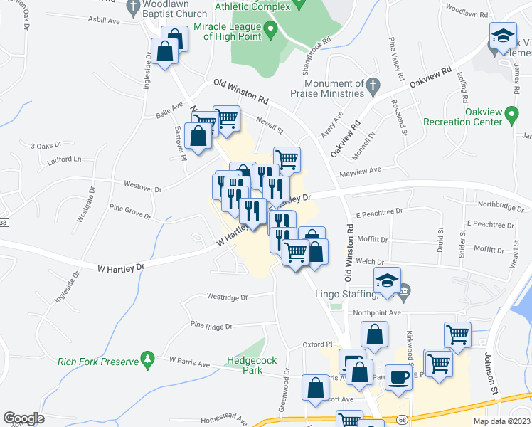 map of restaurants, bars, coffee shops, grocery stores, and more near 2680 North Main Street in High Point