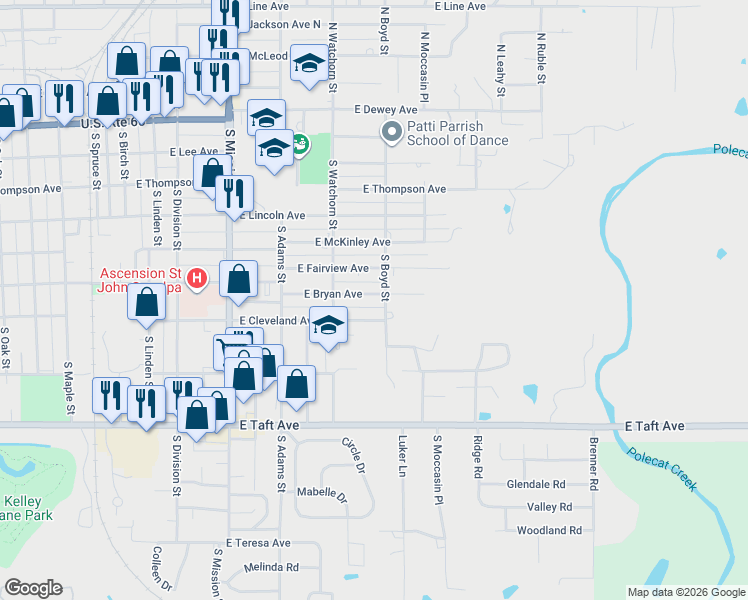 map of restaurants, bars, coffee shops, grocery stores, and more near 1336 East Bryan Avenue in Sapulpa