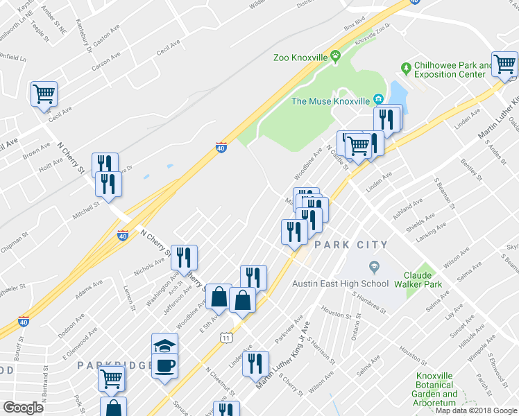 map of restaurants, bars, coffee shops, grocery stores, and more near 2834 Jefferson Avenue in Knoxville