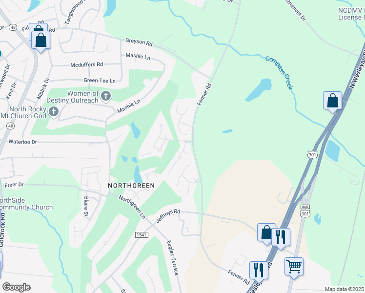 map of restaurants, bars, coffee shops, grocery stores, and more near 1225 Fairway Terrace in Rocky Mount