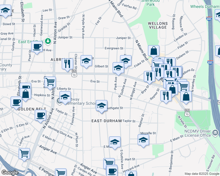 map of restaurants, bars, coffee shops, grocery stores, and more near 1305 Liberty Street in Durham