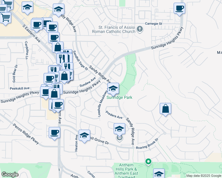 map of restaurants, bars, coffee shops, grocery stores, and more near 955 Leadville Meadows Drive in Henderson