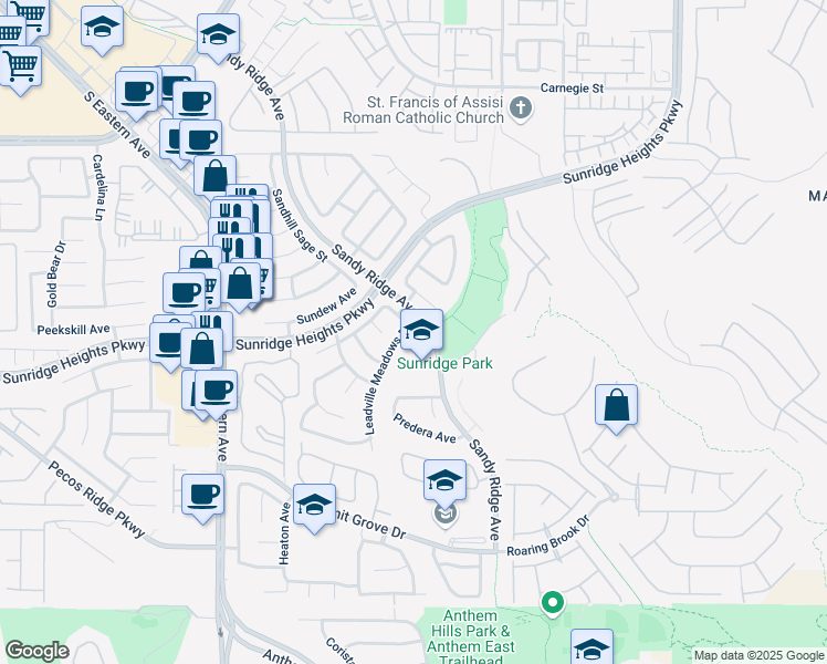 map of restaurants, bars, coffee shops, grocery stores, and more near 955 Leadville Meadows Drive in Henderson