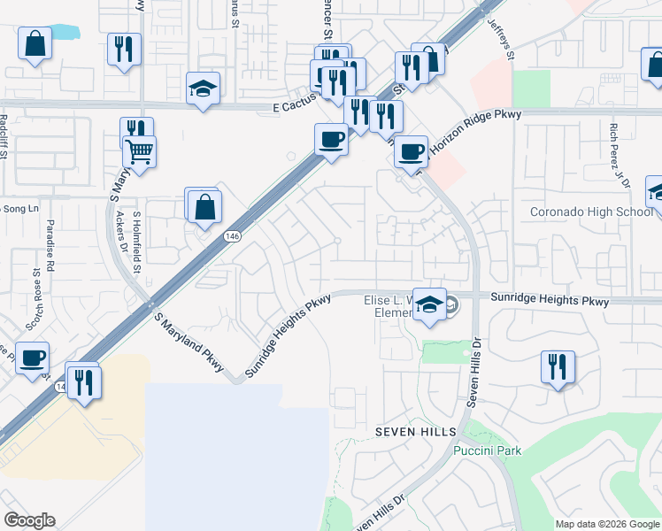 map of restaurants, bars, coffee shops, grocery stores, and more near 988 Lotus Falls Street in Henderson