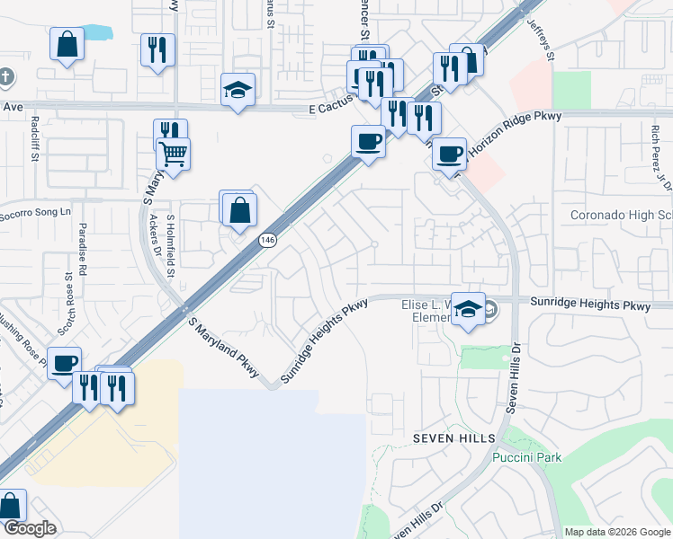 map of restaurants, bars, coffee shops, grocery stores, and more near 985 Bluebell Brook Street in Henderson