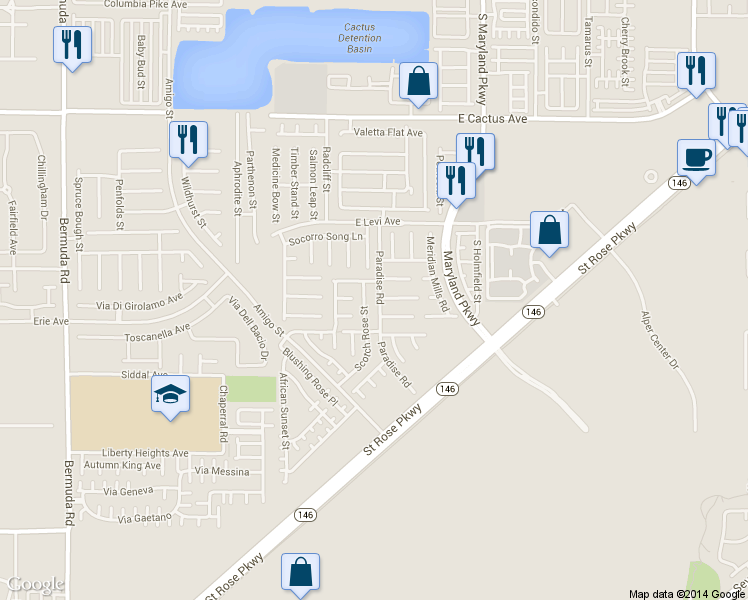 map of restaurants, bars, coffee shops, grocery stores, and more near 10865 Paradise Road in Henderson
