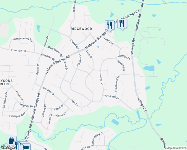 map of restaurants, bars, coffee shops, grocery stores, and more near 28 South Angela Circle in Durham