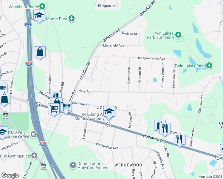 map of restaurants, bars, coffee shops, grocery stores, and more near 227 North Adams Street in Durham
