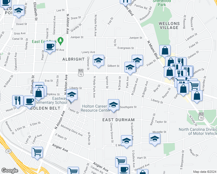 map of restaurants, bars, coffee shops, grocery stores, and more near 1201 Liberty Street in Durham