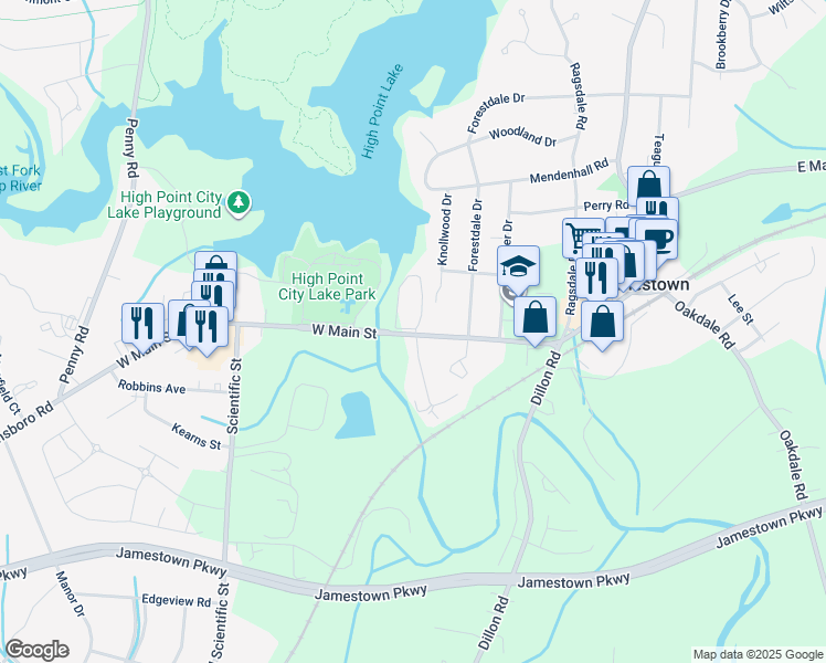 map of restaurants, bars, coffee shops, grocery stores, and more near 407 West Main Street in Jamestown