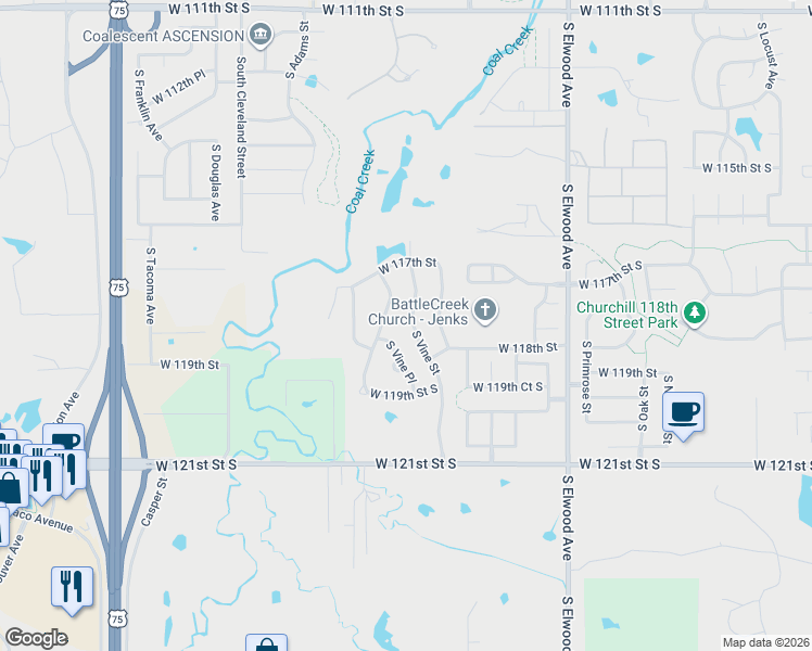 map of restaurants, bars, coffee shops, grocery stores, and more near 11724 South Vine Street in Jenks