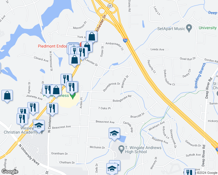 map of restaurants, bars, coffee shops, grocery stores, and more near 1620 Stoneybrook Drive in High Point