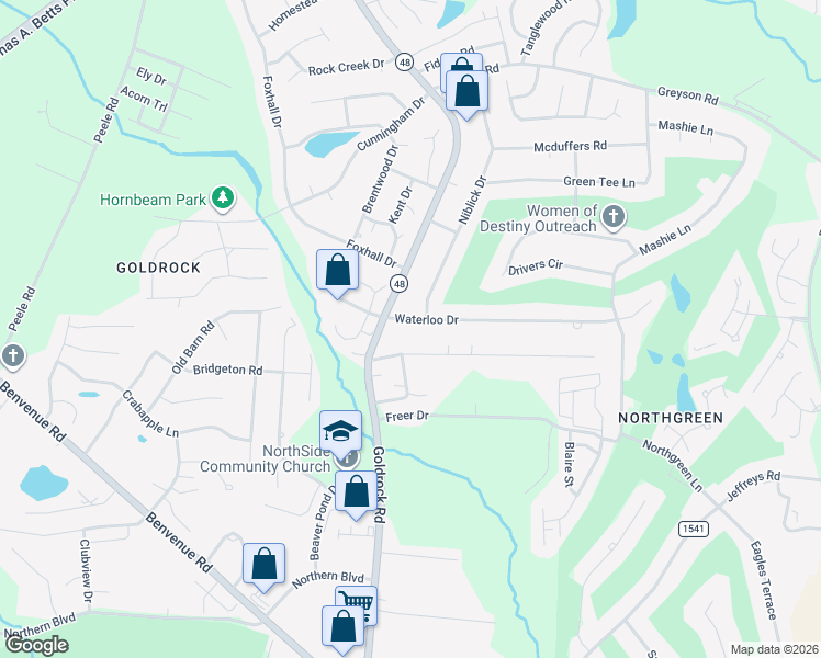 map of restaurants, bars, coffee shops, grocery stores, and more near 1305 Waterloo Drive in Rocky Mount