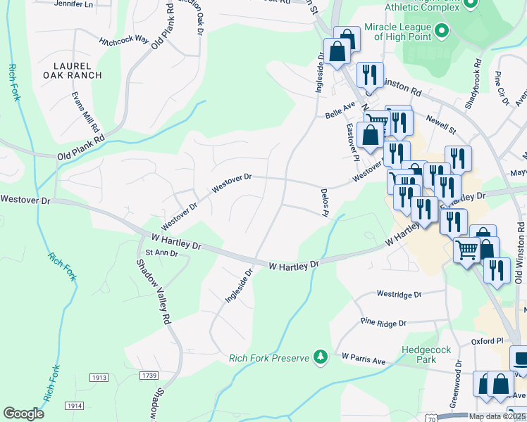 map of restaurants, bars, coffee shops, grocery stores, and more near 2711 Ingleside Drive in High Point