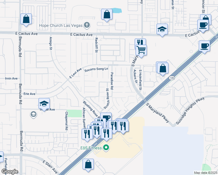 map of restaurants, bars, coffee shops, grocery stores, and more near 10840 Scotch Rose Street in Henderson