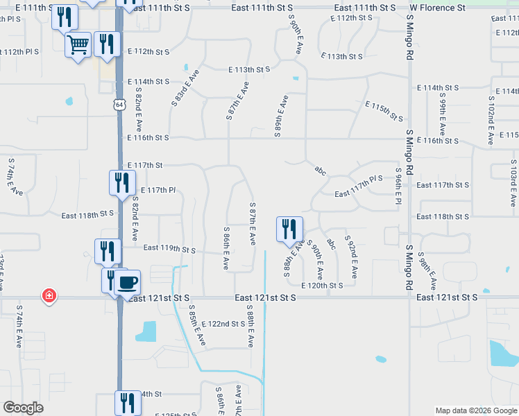 map of restaurants, bars, coffee shops, grocery stores, and more near 11769 South 87th East Avenue in Bixby