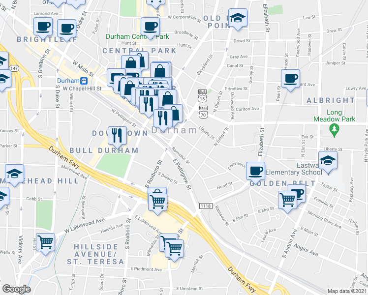 map of restaurants, bars, coffee shops, grocery stores, and more near 326 East Main Street in Durham