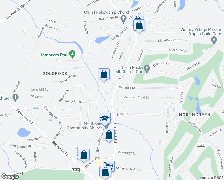 map of restaurants, bars, coffee shops, grocery stores, and more near 907 South Hornbeam Drive in Rocky Mount