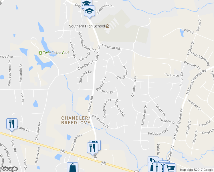 map of restaurants, bars, coffee shops, grocery stores, and more near 5 Chipley Court in Durham