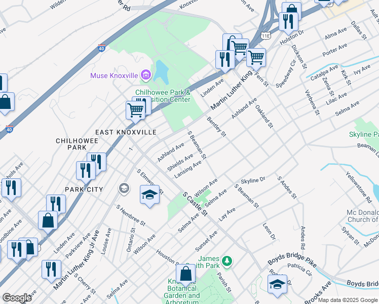 map of restaurants, bars, coffee shops, grocery stores, and more near 3229 Lansing Avenue in Knoxville