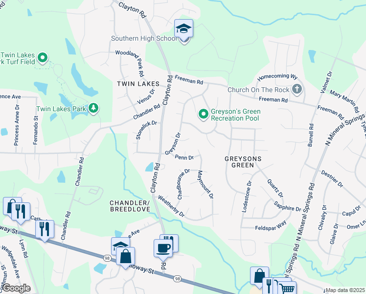 map of restaurants, bars, coffee shops, grocery stores, and more near 5 Chipley Court in Durham
