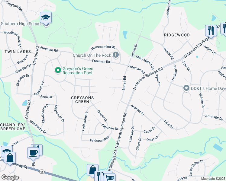 map of restaurants, bars, coffee shops, grocery stores, and more near 4 Moonstone Court in Durham
