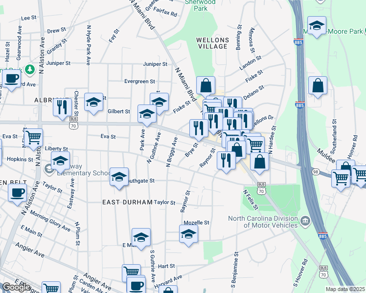 map of restaurants, bars, coffee shops, grocery stores, and more near 1609 Lathrop Street in Durham