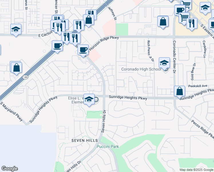 map of restaurants, bars, coffee shops, grocery stores, and more near 950 Seven Hills Drive in Henderson