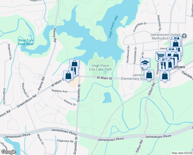 map of restaurants, bars, coffee shops, grocery stores, and more near 602 West Main Street in Jamestown