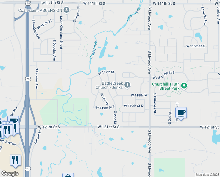 map of restaurants, bars, coffee shops, grocery stores, and more near 11724 South Vine Street in Jenks
