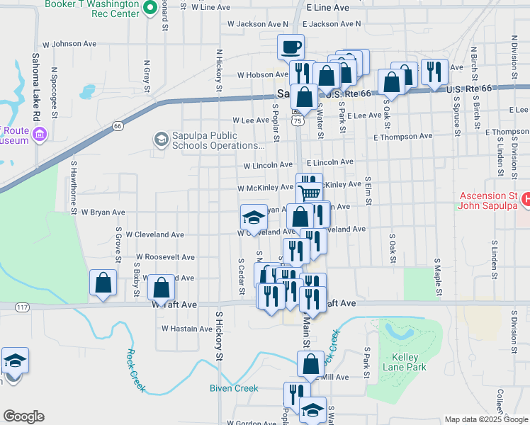 map of restaurants, bars, coffee shops, grocery stores, and more near 516 South Poplar Street in Sapulpa