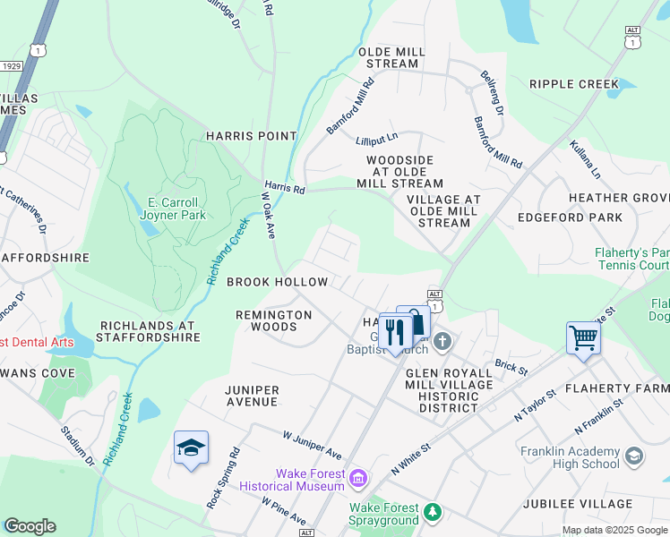 map of restaurants, bars, coffee shops, grocery stores, and more near 341 Joyner Bluff Drive in Wake Forest
