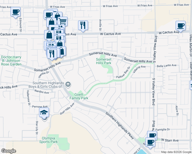 map of restaurants, bars, coffee shops, grocery stores, and more near 10830 Del Rudini Street in Las Vegas