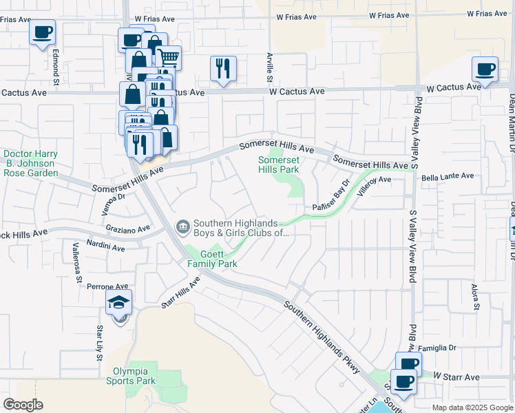 map of restaurants, bars, coffee shops, grocery stores, and more near 4434 Via Bianca Avenue in Las Vegas