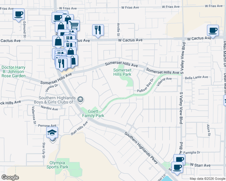 map of restaurants, bars, coffee shops, grocery stores, and more near 10830 Del Rudini Street in Las Vegas