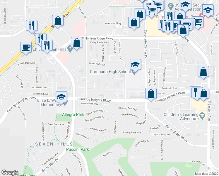 map of restaurants, bars, coffee shops, grocery stores, and more near 2900 Sunridge Heights Parkway in Henderson