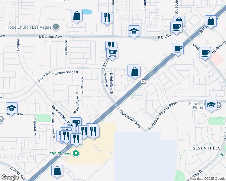 map of restaurants, bars, coffee shops, grocery stores, and more near 10840 South Holmfield Street in Henderson