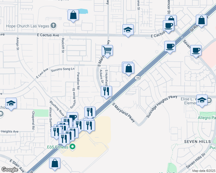 map of restaurants, bars, coffee shops, grocery stores, and more near 10840 South Holmfield Street in Henderson