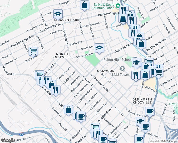 map of restaurants, bars, coffee shops, grocery stores, and more near 701 Oglewood Avenue in Knoxville