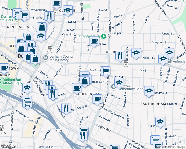 map of restaurants, bars, coffee shops, grocery stores, and more near 726 Liberty Street in Durham
