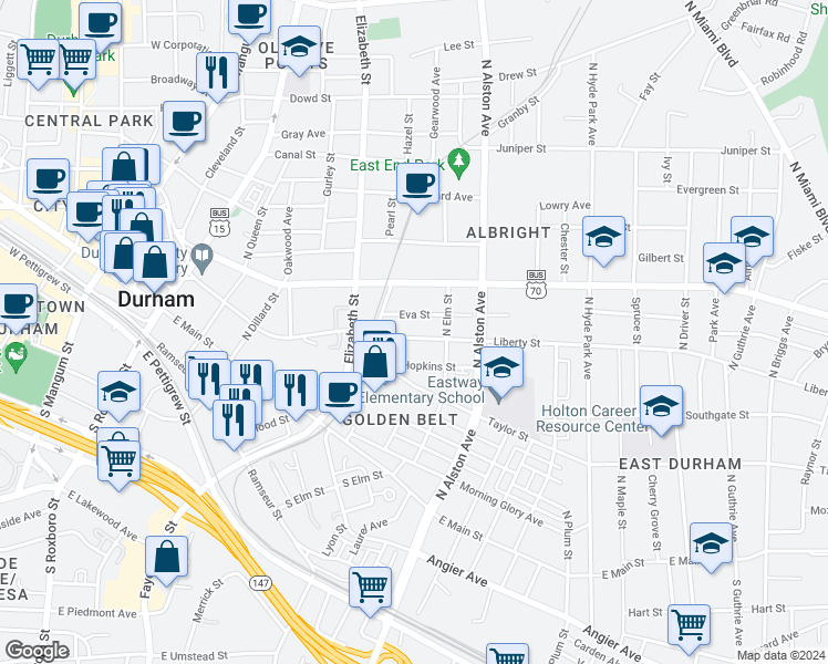 map of restaurants, bars, coffee shops, grocery stores, and more near 726 Liberty Street in Durham