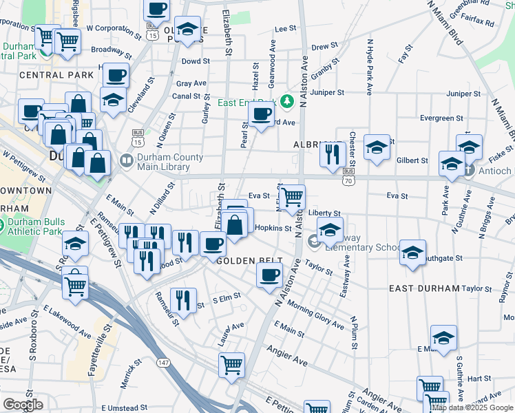 map of restaurants, bars, coffee shops, grocery stores, and more near 726 Liberty Street in Durham