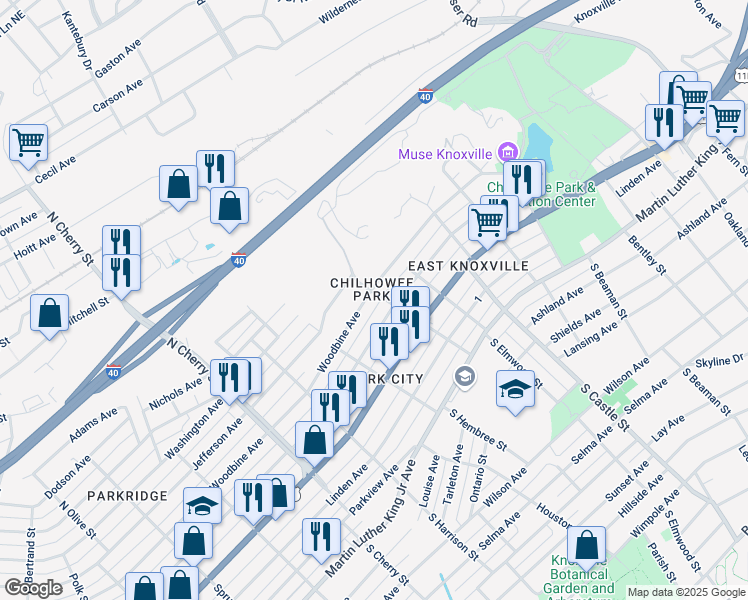 map of restaurants, bars, coffee shops, grocery stores, and more near 2830 East 5th Avenue in Knoxville