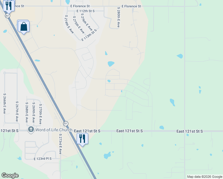 map of restaurants, bars, coffee shops, grocery stores, and more near 27819 East 119th Street South in Coweta