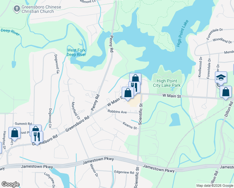 map of restaurants, bars, coffee shops, grocery stores, and more near 101 Crepe Myrtle Lane in Jamestown