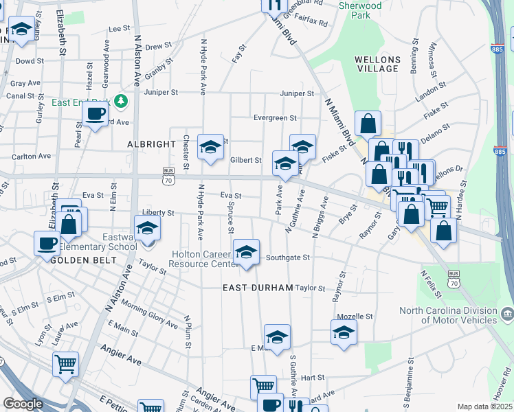 map of restaurants, bars, coffee shops, grocery stores, and more near 705 North Driver Street in Durham