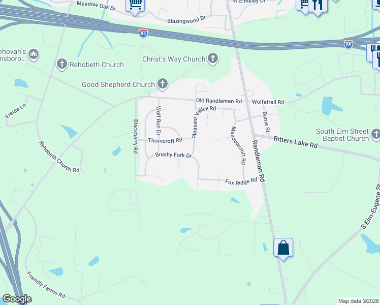 map of restaurants, bars, coffee shops, grocery stores, and more near 710 Brushy Fork Drive in Greensboro