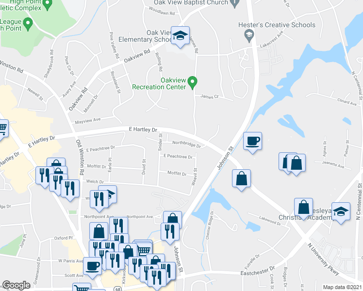 map of restaurants, bars, coffee shops, grocery stores, and more near 434 Northbridge Drive in High Point