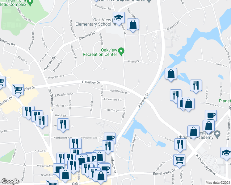 map of restaurants, bars, coffee shops, grocery stores, and more near 434 Northbridge Drive in High Point